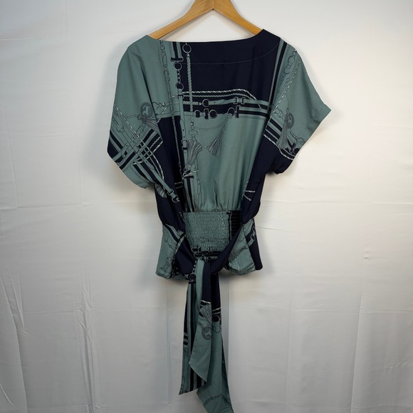 Ann Taylor NWT Kimono Surplice Tie Peplum Career Blouse Green/blue Medium - Picture 3 of 14